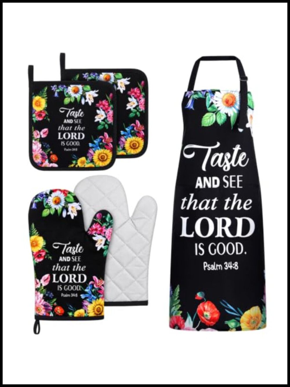 Christian Floral Apron Oven Mitt Pot Holder Set Heat Resistant Kitchen